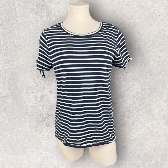 NAUTICA Navy and White Striped Crewneck Tee with Tie Sleeves | Size Large - Picture 1 of 4